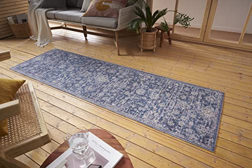 Nouristan Alexandria In- & Outdoor Teppich Orientalisch – Flachgewebe im Orient Muster Vintage Waschbar, Wetterfest & UV-beständig für Balkon, Terrasse, Garten, Wohnzimmer – Blau, 75x200cm von Nouristan