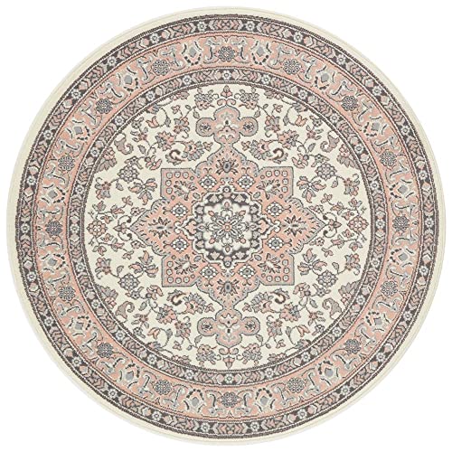 Nouristan Mirkan Orient Rund – Wohnzimmerteppich Kurzflor Vintage Orientalischer Teppich für Esszimmer, Wohnzimmer, Schlafzimmer – Creme Rosa, 160cm, Polypropylen, ø 160 cm von Nouristan