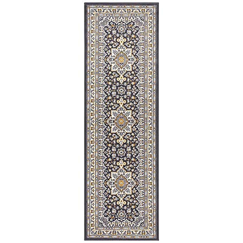 Nouristan Mirkan Orient Teppich – Wohnzimmerteppich Orientalisch Kurzflor Vintage Orientalischer Teppich für Esszimmer, Wohnzimmer, Schlafzimmer – Dunkelgrau, 80x250cm von Nouristan