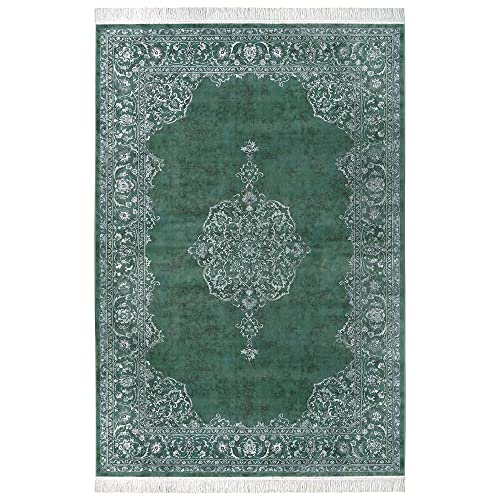 Nouristan Naveh Orient Teppich – Wohnzimmerteppich Orientalisch Kurzflor mit Fransen Vintage Orientalischer Samt-Teppich für Esszimmer, Wohnzimmer, Schlafzimmer – Grün, 135x195cm von Nouristan