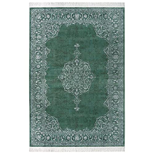 Nouristan Naveh Orient Teppich – Wohnzimmerteppich Orientalisch Kurzflor mit Fransen Vintage Orientalischer Samt-Teppich für Esszimmer, Wohnzimmer, Schlafzimmer – Grün, 195x300cm von Nouristan