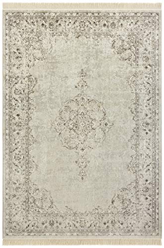 Nouristan Orientalischer Teppich – Wohnzimmerteppich mit Fransen Oriental Vintage Medaillon Naveh Samt-Teppich für Wohnzimmer, Schlafzimmer, Esszimmer, Küche, Flur – Creme, 135x195cm von Nouristan