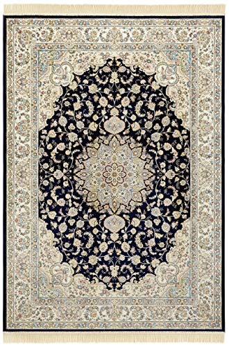 Nouristan Naveh Orient Wohnzimmerteppich Kurzflor mit Fransen Vintage Orientalischer Samt-Teppich für Esszimmer, Wohnzimmer, Schlafzimmer Creme, 135x195cm, Rayon, Dunkelblau Grün, 135x195 cm von Nouristan