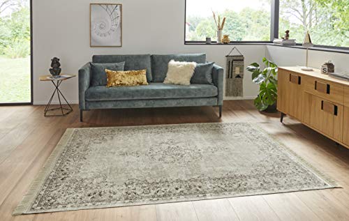 Nouristan Naveh Orient Wohnzimmerteppich Kurzflor mit Fransen Vintage Orientalischer Samt-Teppich für Esszimmer, Wohnzimmer, Schlafzimmer – Creme, 95x140cm, Rayon, 95x140 cm von Nouristan