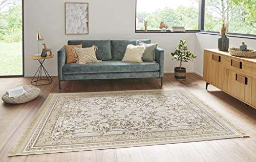 Nouristan Naveh Orient Wohnzimmerteppich Kurzflor mit Fransen Vintage Orientalischer Samt-Teppich für Esszimmer, Wohnzimmer, Schlafzimmer – Creme Beige, 195x300cm, Rayon, 195x300 cm von Nouristan