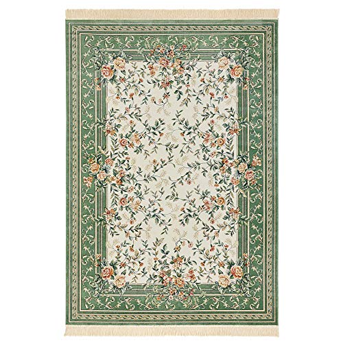 Nouristan Naveh Orient Wohnzimmerteppich Kurzflor mit Fransen Vintage Orientalischer Samt-Teppich für Esszimmer, Wohnzimmer, Schlafzimmer – Creme Grün, 135x195cm, Rayon, 135x195 cm von Nouristan