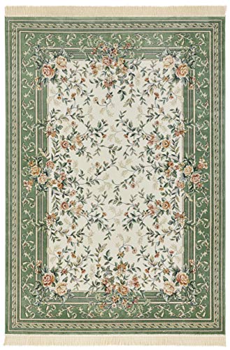 Nouristan Naveh Orient Wohnzimmerteppich Kurzflor mit Fransen Vintage Orientalischer Samt-Teppich für Esszimmer, Wohnzimmer, Schlafzimmer – Creme Grün, 95x140cm, Rayon, 95x140 cm von Nouristan