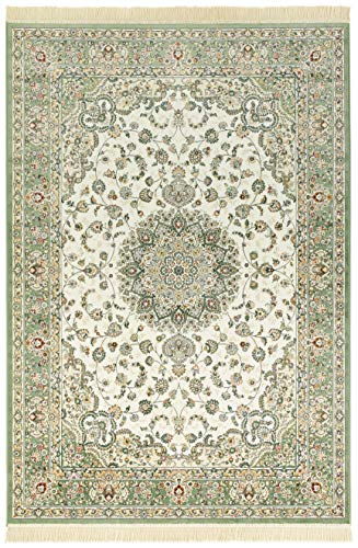 Nouristan Naveh Orient Wohnzimmerteppich Kurzflor mit Fransen Vintage Orientalischer Samt-Teppich für Esszimmer, Wohnzimmer, Schlafzimmer – Ivory Grün, 135x195cm, Rayon, 135x195 cm von Nouristan