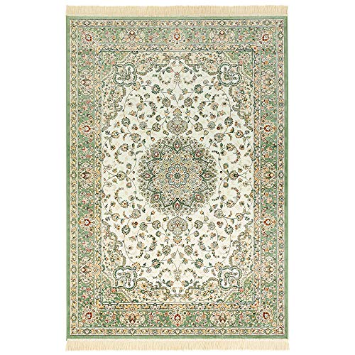 Nouristan Naveh Orient Wohnzimmerteppich Kurzflor mit Fransen Vintage Orientalischer Samt-Teppich für Esszimmer, Wohnzimmer, Schlafzimmer – Ivory Grün, 95x140cm, Rayon, 95x140 cm von Nouristan