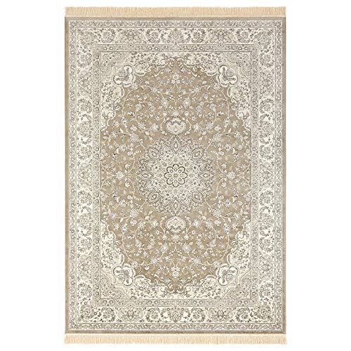 Nouristan Naveh Orient Wohnzimmerteppich Kurzflor mit Fransen Vintage Orientalischer Samt-Teppich für Esszimmer, Wohnzimmer, Schlafzimmer – Olivgrün Grau, 135x195cm, Rayon, 135x195 cm von Nouristan