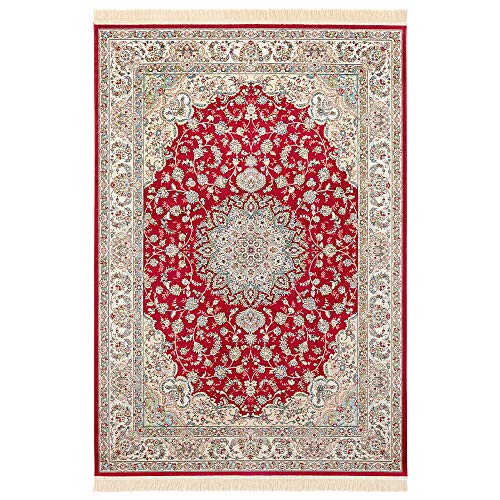 Nouristan Naveh Orient Wohnzimmerteppich Kurzflor mit Fransen Vintage Orientalischer Samt-Teppich für Esszimmer, Wohnzimmer, Schlafzimmer – Rot Grün, 160x230cm, Rayon, 160x230 cm von Nouristan