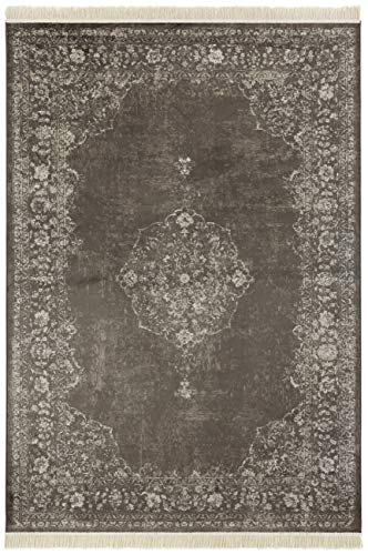 Nouristan Orientalischer Teppich – Wohnzimmerteppich mit Fransen Oriental Vintage Medaillon Naveh Samt-Teppich für Wohnzimmer, Schlafzimmer, Esszimmer, Küche, Flur – Anthrazit, 195x300cm von Nouristan