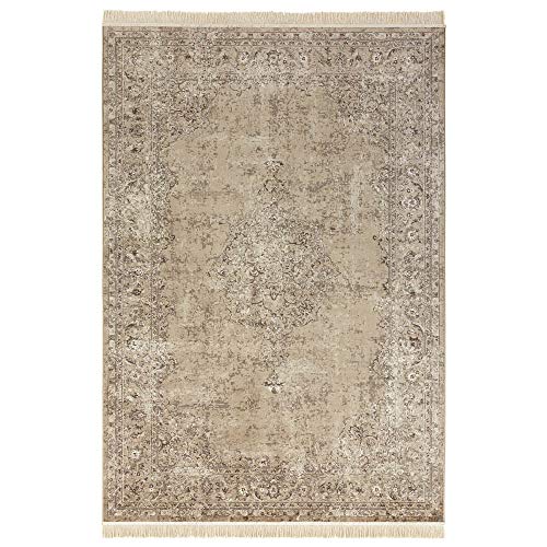 Nouristan Orientalischer Teppich – Wohnzimmerteppich mit Fransen Oriental Vintage Medaillon Naveh Samt-Teppich für Wohnzimmer, Schlafzimmer, Esszimmer, Küche, Flur – Olivgrün, 160x230cm von Nouristan