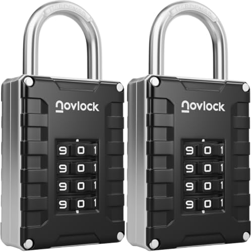 Zahlenschloss 4-stellig – Vorhängeschloss mit Zahlencode für Spinde, Schränke, Werkzeugkisten, Tore, Zäune & Schuppen – Spindschloss 2er-Pack, Schwarz/Silber von NovLock
