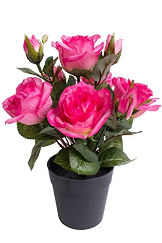 künstlicher Rosenbusch mit 5 Rosen und 4 Knospen im schwarzen Kunststofftopf (Beauty) von Nova-Nature