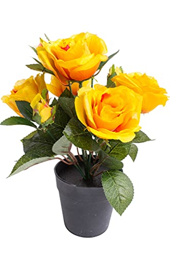 künstlicher Rosenbusch mit 5 Rosen und 4 Knospen im schwarzen Kunststofftopf (gelb) von Nova-Nature