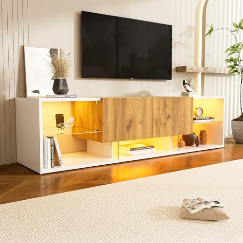 3 Tier TV Console Cabinet for TVs Up to 70", modernes TV-Konsolen-Entertainment-Center mit Glasplatten-Aufbewahrungsplattform und 2 Schubladen, TV Stand, geeignet für Wohnzimmer, Schlafzimmer, Weiß von NovaFurnish