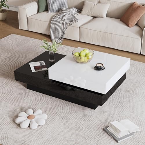 Drehbarer Couchtisch mit schwarzer und weißer Naht, moderner, schlichter Couchtisch mit Hochglanzoberfläche, doppelschichtiger Mitteltisch aus Spanplatte, geeignet für das Wohnzimmer einer Wohnung von NovaFurnish