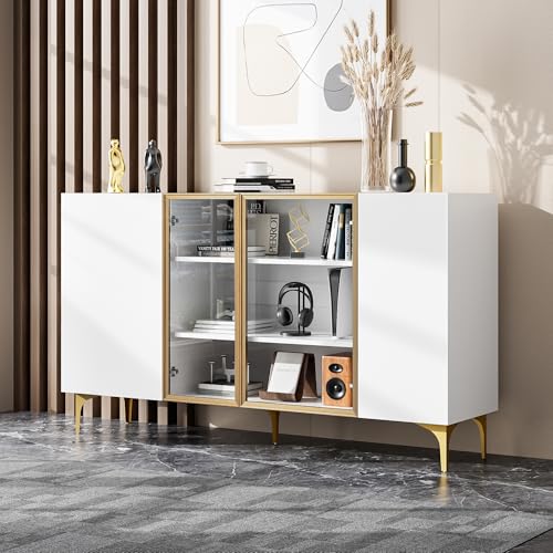 Elegantes 4-Tür Sideboard Weiß mit Glas & Metall, Modernes Design, Grifflos, Viel Stauraum, Sideboard Wohnzimmer Esszimmer Kommode Schrank Hochwertig (150X38X85cm) von NovaFurnish