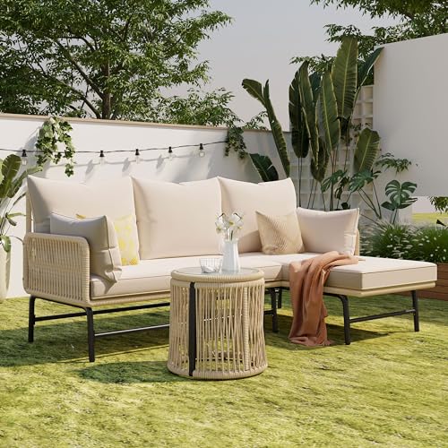 Gartenlounge-Set, Gartenmöbel-Set, Gartenlounge mit Eisengestell und beigem Seilbezug, Gartenmöbel aus gewebtem Seil für den Außenbereich, L-förmiges Gesprächsset mit Tisch (Beige, 187X66X78cm) von NovaFurnish