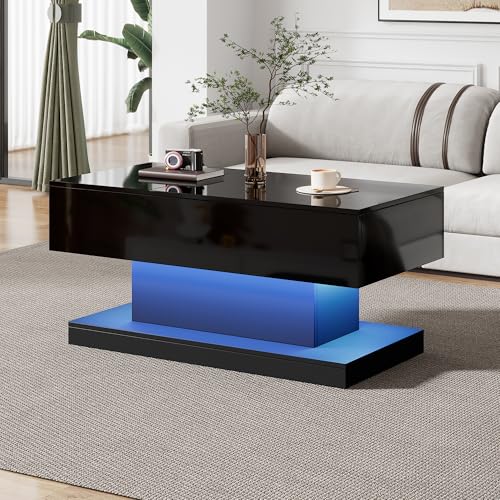 Hochglanz-Lift-Teetisch LED Couchtische Kaffeetisch mit LED-Beleuchtung – Halbhebbares Tischblatt und seitlich verschiebbares Design, hydraulischer Lift und Stauraum (Schwarzer, 100x50x45cm) von NovaFurnish