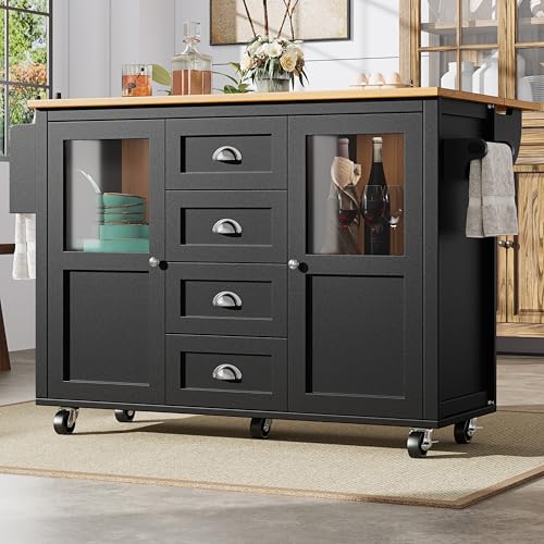 Kücheninsel,Küchenschrank,Buffetschrank,120x73(45)x93cm,ausziehbarer Küchenwagen mit Rollen, Handtuchhalter, Gewürzregal, verstellbaren Einlegeböden, zwei Türen, vier Schubladen (Schwarz) von NovaFurnish