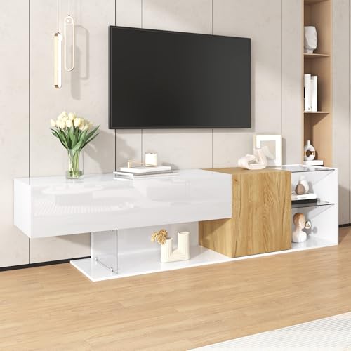 Moderne TV-Kommode in Hochglanz Weiß mit Holzoptik und Glasregalen – 180 cm, Stilvoller TV-Schrank mit Praktischer Aufbewahrung für Wohnzimmer, Minimalistisches Design, Hochwertige Verarbeitung Moderne TV-Kommode in Hochglanz Weiß mit Holzoptik und Glasregalen – 180 cm, Stilvoller TV-Schrank mit Praktischer Aufbewahrung für Wohnzimmer, Minimalistisches Design, Hochwertige Verarbeitung von NovaFurnish
