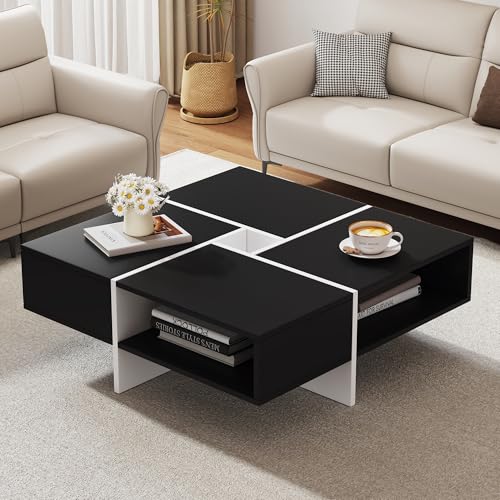 Moderner quadratischer Couchtisch Schwarz-weißes Design, 5 offene Fächer, mittleres Ablagefach 10x10cm, Belastbarkeit 30KG, schwarzer quadratischer Couchtisch (5 offene Fächer, Schwarz+Weiß) von NovaFurnish