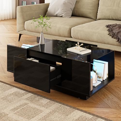 NovaFurnish 105 cm moderner, minimalistischer Couchtisch mit Stauraum, LED-Stimmungsbeleuchtung, Glasplatte und 2 Schubladen (Schwarz) von NovaFurnish