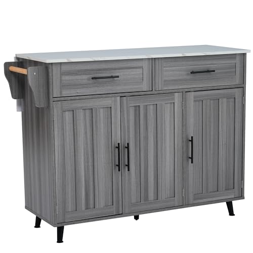 NovaFurnish 129X46(71) X91.5cm Esstischwagen/Anrichte mit Klapptischplatte, Inneneinlegeböden in den Schranktüren, Kücheninsel auf 5 Rädern mit Stauschränken und 2 Schubladen (weiß + Khaki grau) von NovaFurnish