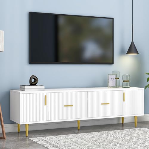NovaFurnish 170 cm Langer weißer TV-Ständer für 70-Zoll-TV, goldene Griffe, stilvolles Design mit vertikalen Streifen auf der Vorderseite, 2 Türen, 2 Schubladen, leise Scharniere von NovaFurnish
