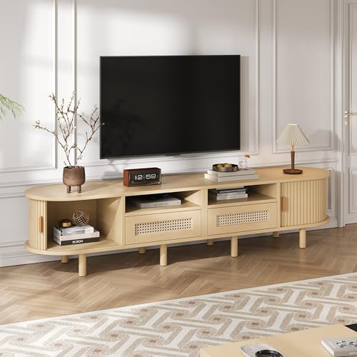NovaFurnish 170X40X40cm Ovaler TV-Ständer und Fernsehtisch,TV-Schrank mit 2 Rattan Design Schubladen,2 Schiebetür,Lowboard und Fernsehtisch bis zu 70 Zoll,TV-Board und TV-Kommode (Holzfarbe) von NovaFurnish