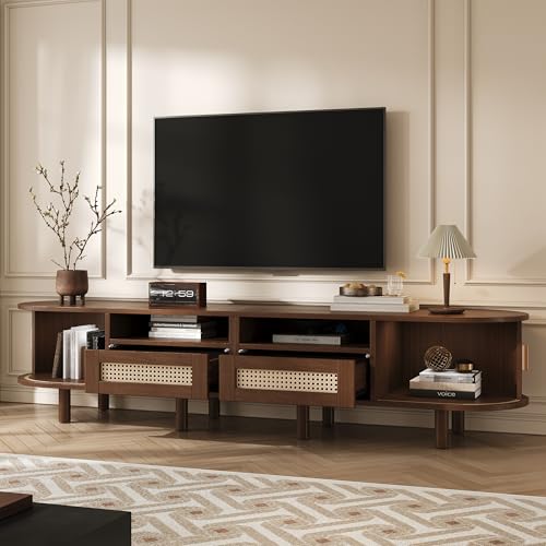 NovaFurnish 170X40X40cm Ovaler TV-Ständer und Fernsehtisch,TV-Schrank mit 2 Rattan Design Schubladen,2 Schiebetür,Lowboard und Fernsehtisch bis zu 70 Zoll,TV-Board und TV-Kommode (Nussbaum) von NovaFurnish
