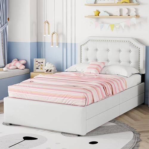 NovaFurnish 90X200 cm flaches Bett, gepolstertes Bett, Nachttischpolsterung mit dekorativen Nieten, doppelte Schubladen, Hellbeige (Hellbeige) von NovaFurnish