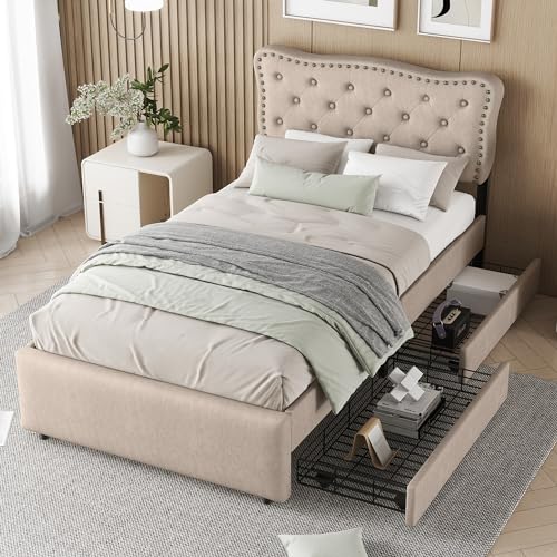 NovaFurnish 90X200 cm flaches Bett, gepolstertes Bett, Nachttischpolsterung mit dekorativen Nieten, doppelte Schubladen (Dunkelbeige) von NovaFurnish