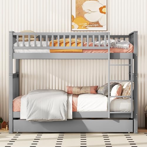 NovaFurnish 90X200cm Etagenbetten Kinderbetten Dreierbetten Etagenbetten mit Ausziehbett Hohe Geländer Stabile Treppe Grau (Grau) von NovaFurnish