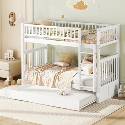 NovaFurnish 90X200cm Etagenbetten Kinderbetten Dreierbetten Etagenbetten mit Ausziehbett Hohe Geländer Stabile Treppe Grau (Weiß) von NovaFurnish