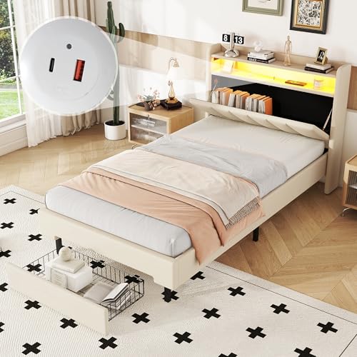 NovaFurnish 90X200cm Flachbett, Polsterbett, LED-Wärmelampe, USB-Steckdose, aufklappbares Kopfteil, eingebautes Staufach, Bettkästen (beige) von NovaFurnish
