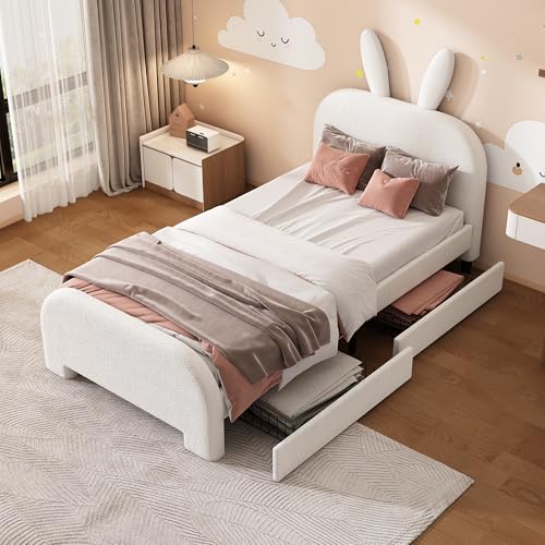 NovaFurnish 90X200cm Flaches Bett, gepolstert, Schafwolle resistent, Cartoon Kaninchenform, Zwei Schubladen (Weiß) von NovaFurnish
