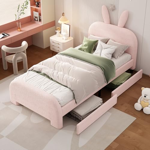 NovaFurnish 90X200cm Flaches Bett, gepolstert, Schafwolle resistent, Cartoon Kaninchenform, Zwei Schubladen (rosa) von NovaFurnish