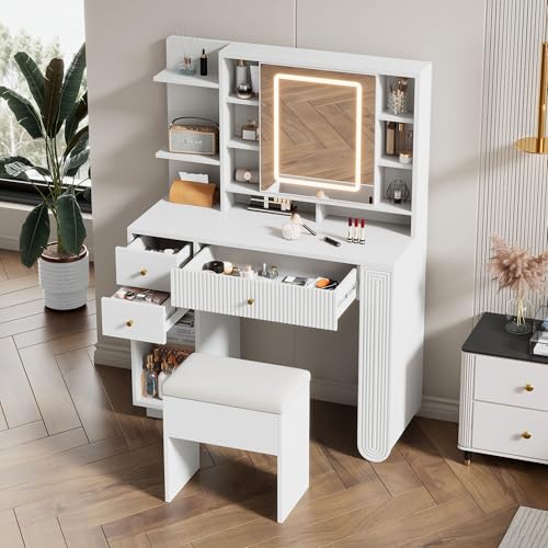 NovaFurnish Beleuchteter Schminktisch mit Spiegel & Hocker – Moderner Frisiertisch mit Einstellbarer Helligkeit, Schubladen & Offener Ablage, Weiß (100X40X138cm) von NovaFurnish