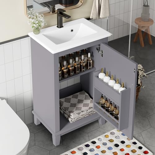 NovaFurnish Bodenstehender Badezimmerschrank, Waschtisch, Waschtisch,komplett lackiert, Türregale, verstellbare Regale, integriertes Keramikwaschbecken, geeignet für kleine Räume (Grau, 51x34x83cm) von NovaFurnish
