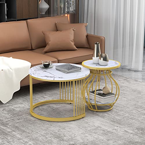 NovaFurnish CouchTisch, Couchtisch 2er Set Rund Tisch Wohnzimmer Rund mit Metallgestell Beistelltisch Weiss Modern Satztische fürs Wohnzimmer, Weiß Gold Marmor Optik NovaFurnish CouchTisch, Couchtisch 2er Set Rund Tisch Wohnzimmer Rund mit Metallgestell Beistelltisch Weiss Modern Satztische fürs Wohnzimmer, Weiß Gold Marmor Optik von NovaFurnish