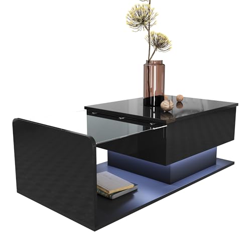 NovaFurnish Couchtisch, Hochglanz Schwarz, Beistelltisch, Couchtisch mit Glas und LED-Effekt, mit Glasplatte (Schwarz, 100X50X33/47.5cm) von NovaFurnish