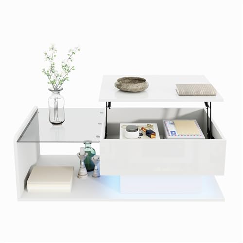 NovaFurnish Couchtisch, Hochglanz Weiß, Beistelltisch, Couchtisch mit Glas und LED-Effekt, mit Glasplatte (Weiß, 100X50X33/47.5cm) von NovaFurnish