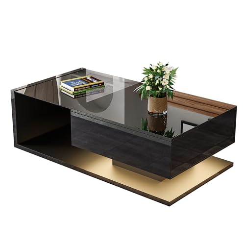 NovaFurnish Couchtisch, Hochglanzschwarz. Beistelltische, Couchtische mit Glas und LED-Effekt (Schwarz, 105X55X32.5cm) von NovaFurnish