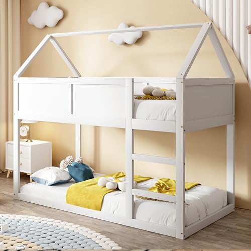NovaFurnish Etagen-Kinderbett, 90X200cm, niedriges Etagen-Einzelbett, Hochbett mit Treppe, Massivholzrahmen (Weiß) von NovaFurnish
