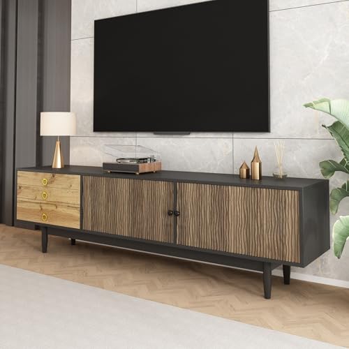 NovaFurnish Fernsehschrank, lowboard mit Türpaneelen mit Wasserwellenmuster und DREI Schubladen in einem Farbschema aus Holz und Schwarz. von NovaFurnish