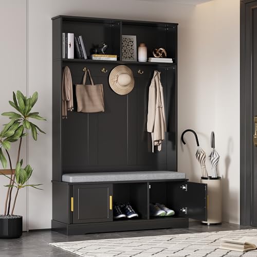 NovaFurnish Garderobenständer mit Schuhbank, Garderobe, 6 Dreifach-Haken,freistehend, platzsparend, für Eingangsbereich,Flur,120×40×191cm (Schwarz) von NovaFurnish