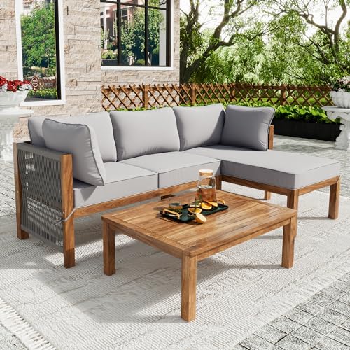NovaFurnish Garten-Loungestuhl-Set (3-teilig), Akazienrahmen, graue Seilarmlehnen, L-förmiges Gartenmöbel-Set mit verstellbaren Beinen, 2 Zweisitzer und 1 Tisch von NovaFurnish